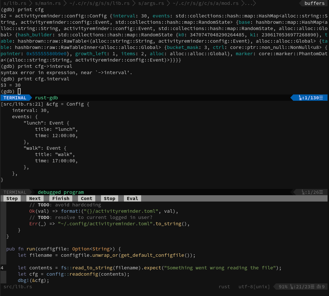 vim rust debugging